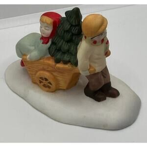 Christmas Village Figures Children Carrying Christmas Tree Wheelbarrow Boy Girl
